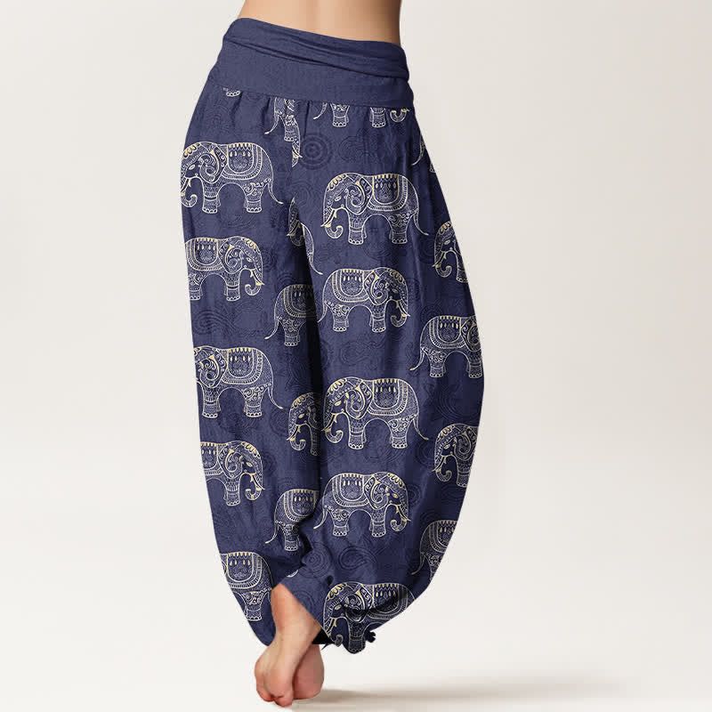 Buddha Stones Pantalon harem à taille élastique pour femme, motif éléphant blanc en coton - image 2