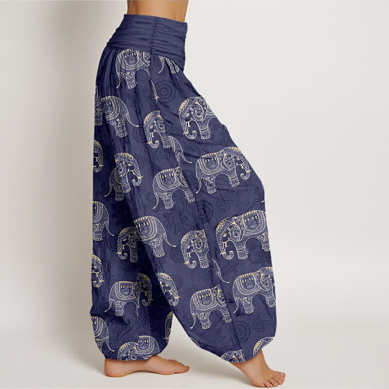 Buddha Stones Pantalon harem à taille élastique pour femme, motif éléphant blanc en coton - image 1