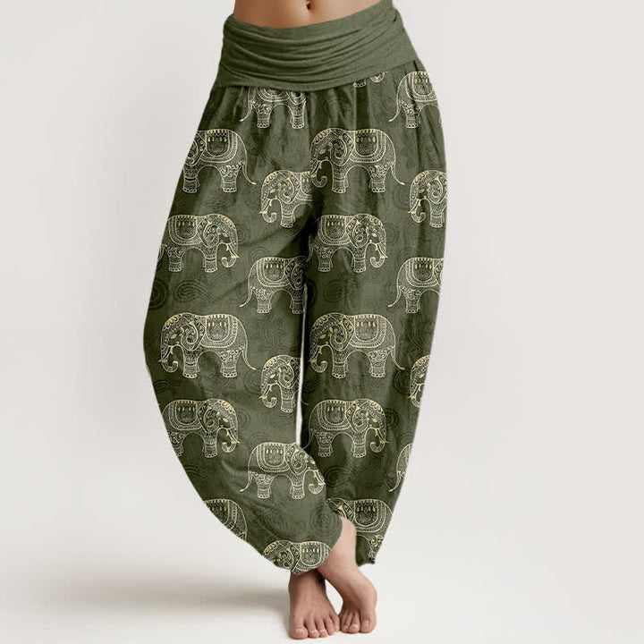 Buddha Stones Pantalon harem à taille élastique pour femme, motif éléphant blanc en coton - Vert olive - US16，UK/AU20，EU48 (3XL) - image 5