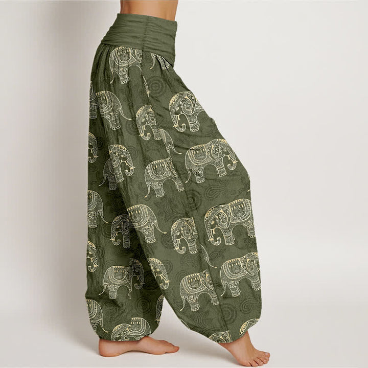 Buddha Stones Pantalon harem à taille élastique pour femme, motif éléphant blanc en coton - image 6