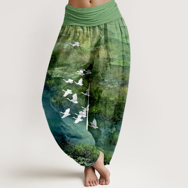 Buddha Stones Pantalon harem à taille élastique pour femme, motif oiseau volant de Cotton Forest Lake - Vert citron - US16，UK/AU20，EU48 (3XL) - image 0