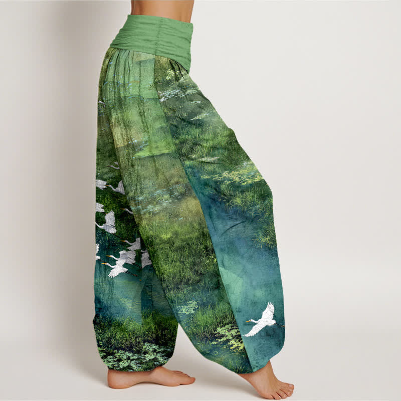 Buddha Stones Pantalon harem à taille élastique pour femme, motif oiseau volant de Cotton Forest Lake - image 1