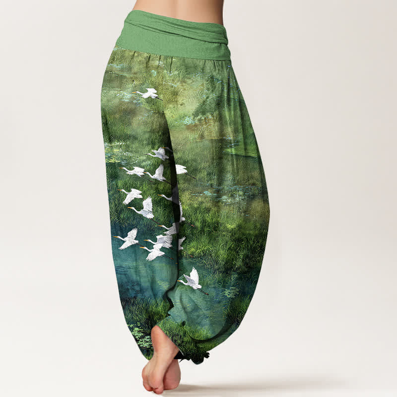 Buddha Stones Pantalon harem à taille élastique pour femme, motif oiseau volant de Cotton Forest Lake - image 2
