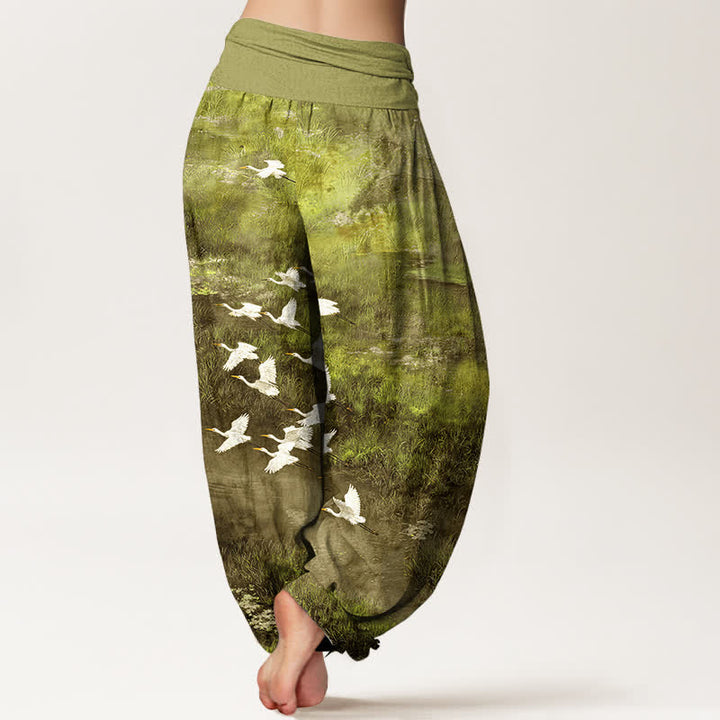 Buddha Stones Pantalon harem à taille élastique pour femme, motif oiseau volant de Cotton Forest Lake - image 7