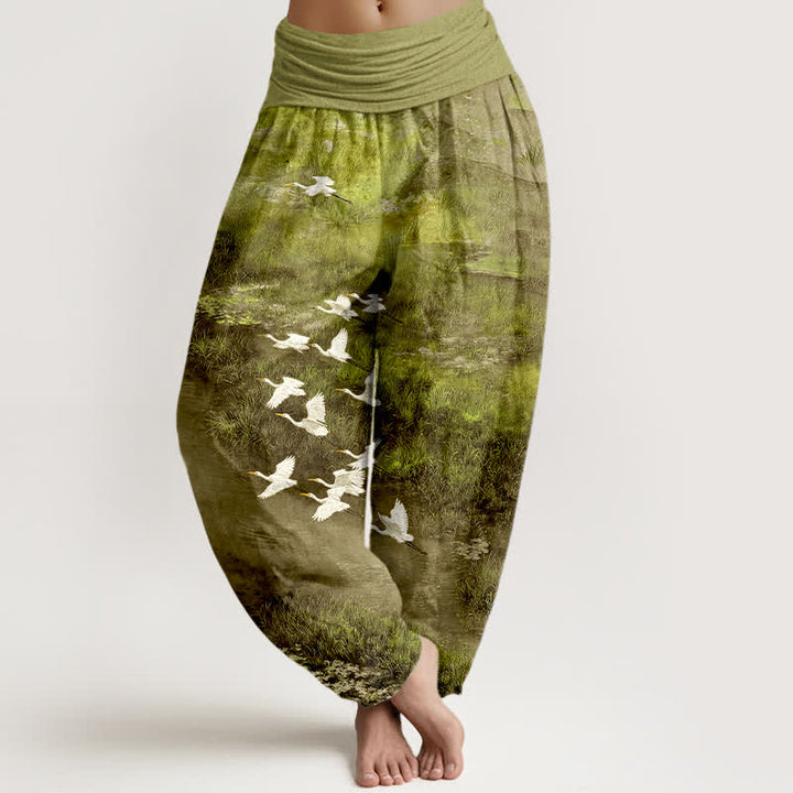 Buddha Stones Pantalon harem à taille élastique pour femme, motif oiseau volant de Cotton Forest Lake - JauneVert - US16，UK/AU20，EU48 (3XL) - image 5