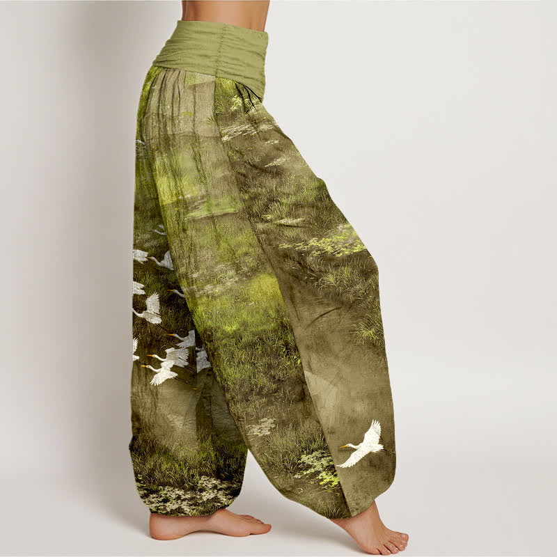 Buddha Stones Pantalon harem à taille élastique pour femme, motif oiseau volant de Cotton Forest Lake - image 6