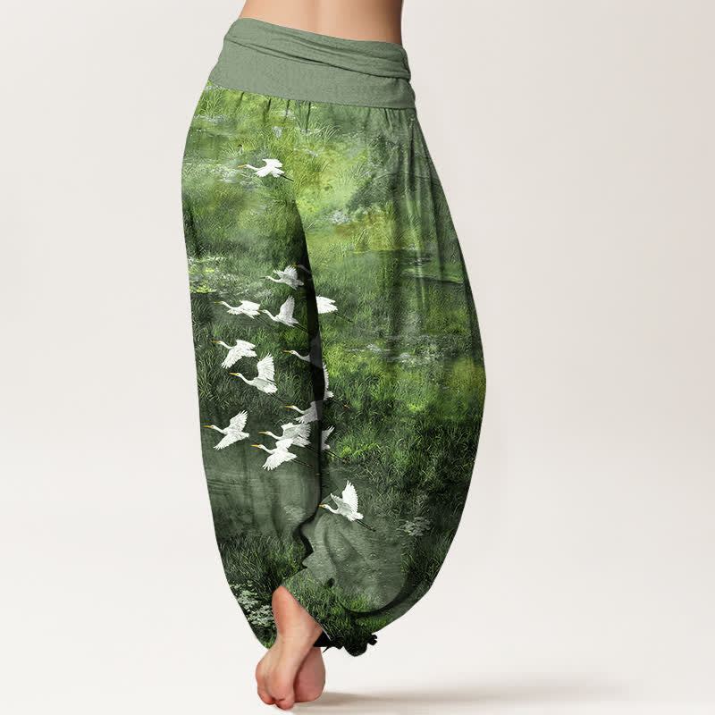 Buddha Stones Pantalon harem à taille élastique pour femme, motif oiseau volant de Cotton Forest Lake - image 10