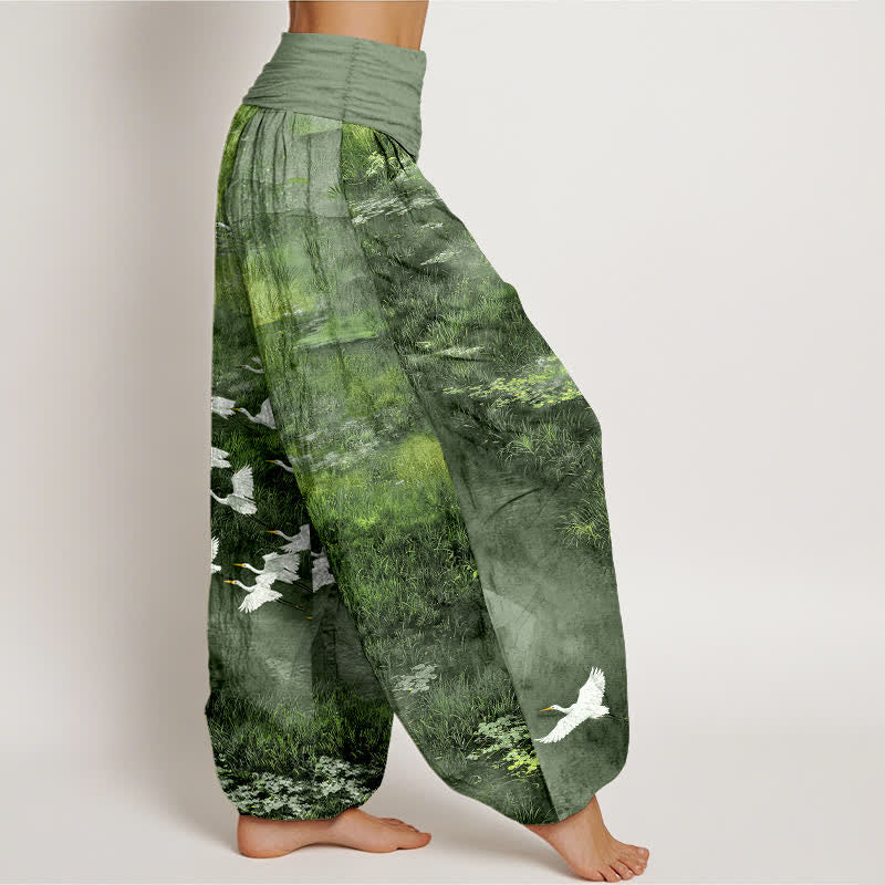 Buddha Stones Pantalon harem à taille élastique pour femme, motif oiseau volant de Cotton Forest Lake - image 9