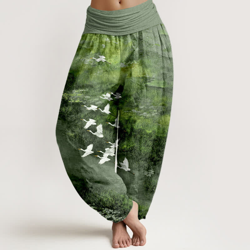 Buddha Stones Pantalon harem à taille élastique pour femme, motif oiseau volant de Cotton Forest Lake - Vert foncé - US16，UK/AU20，EU48 (3XL) - image 8