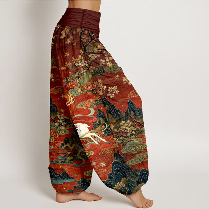 Buddha Stones Pantalon harem à taille élastique pour femme, en coton blanc à motif cerf et montagne - image 1