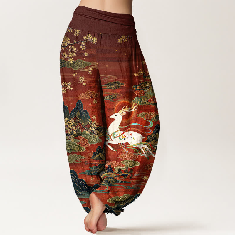 Buddha Stones Pantalon harem à taille élastique pour femme, en coton blanc à motif cerf et montagne - image 2