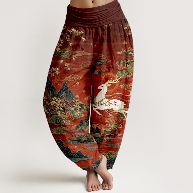Buddha Stones Pantalon harem à taille élastique pour femme, en coton blanc à motif cerf et montagne - Bordeaux - US16，UK/AU20，EU48 (3XL) - image 0