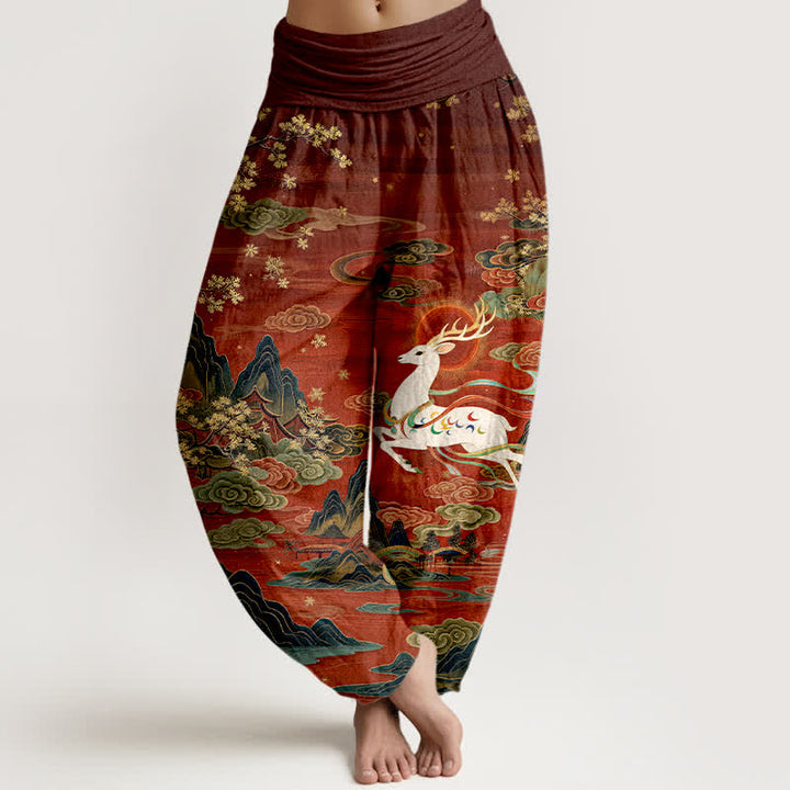 Buddha Stones Pantalon harem à taille élastique pour femme, en coton blanc à motif cerf et montagne - Bordeaux - US16，UK/AU20，EU48 (3XL) - image 0