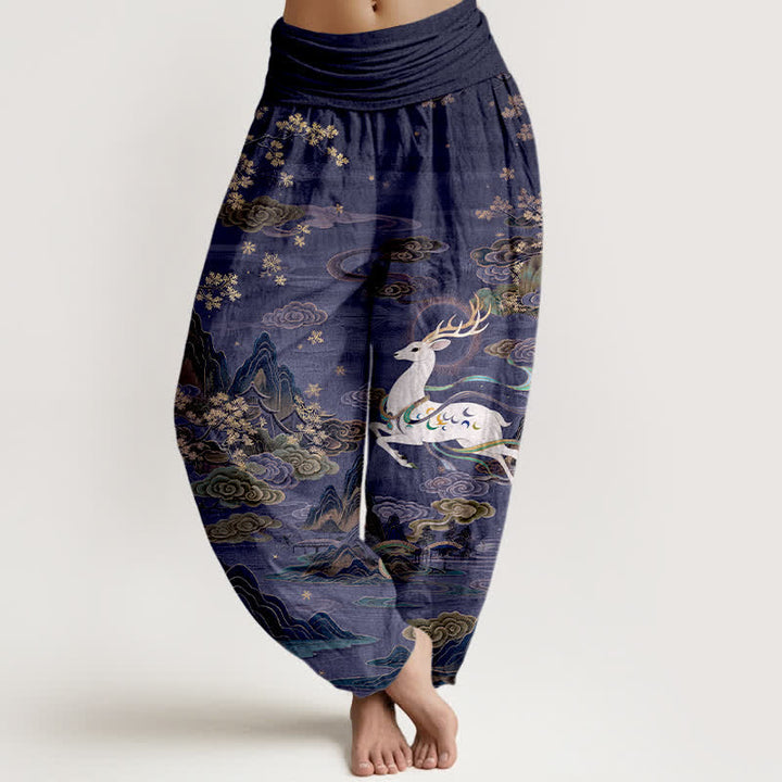 Buddha Stones Pantalon harem à taille élastique pour femme, en coton blanc à motif cerf et montagne - Marine - US16，UK/AU20，EU48 (3XL) - image 5