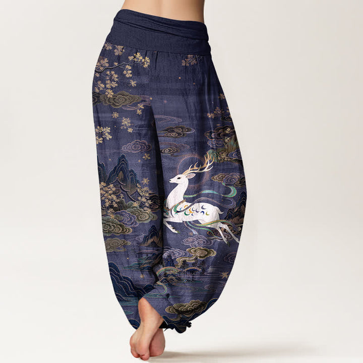 Buddha Stones Pantalon harem à taille élastique pour femme, en coton blanc à motif cerf et montagne - image 7