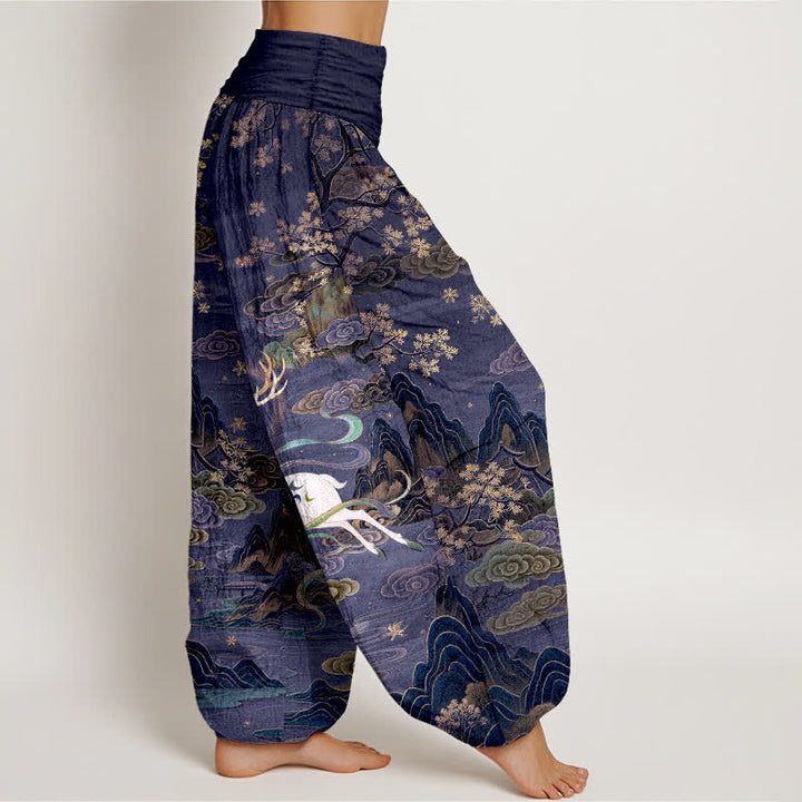 Buddha Stones Pantalon harem à taille élastique pour femme, en coton blanc à motif cerf et montagne - image 6