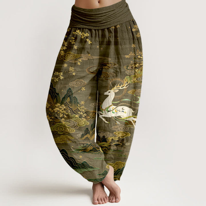 Buddha Stones Pantalon harem à taille élastique pour femme, en coton blanc à motif cerf et montagne - Olive - US16，UK/AU20，EU48 (3XL) - image 8