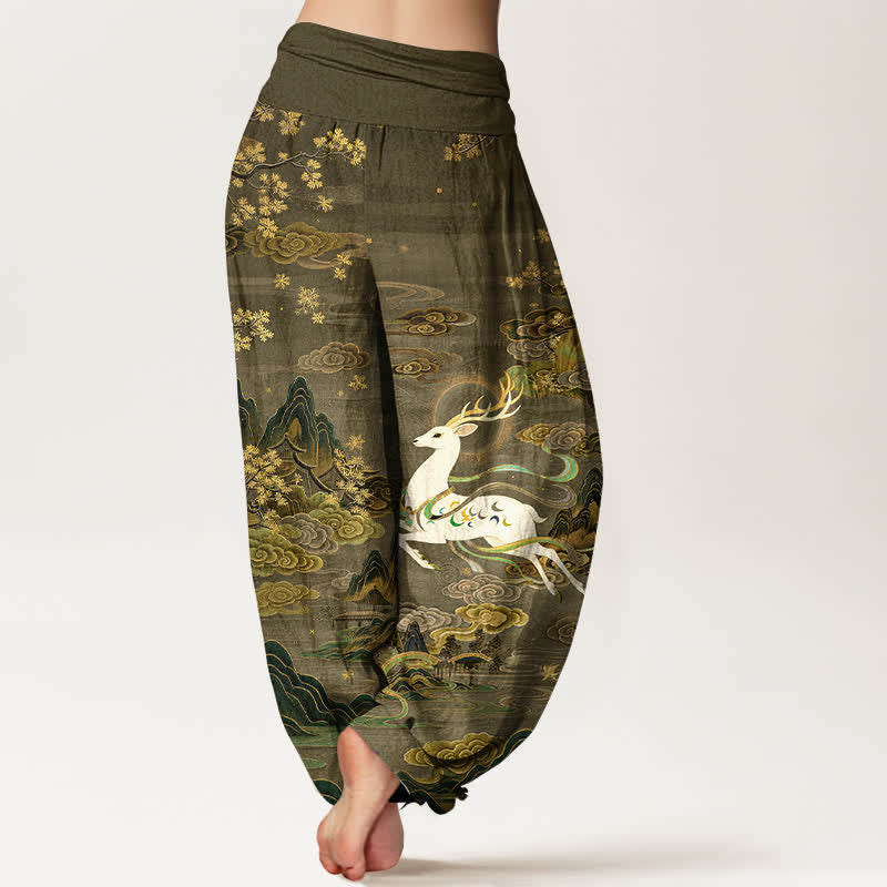 Buddha Stones Pantalon harem à taille élastique pour femme, en coton blanc à motif cerf et montagne - image 10