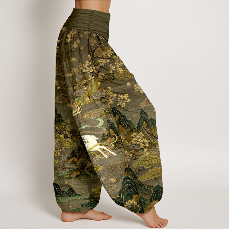 Buddha Stones Pantalon harem à taille élastique pour femme, en coton blanc à motif cerf et montagne - image 9