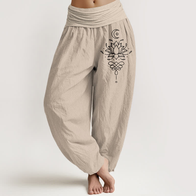 Buddha Stones Pantalon harem pour femme en pur coton blanc à motif lotus et taille élastique - Tanné - US16，UK/AU20，EU48 (3XL) - image 11