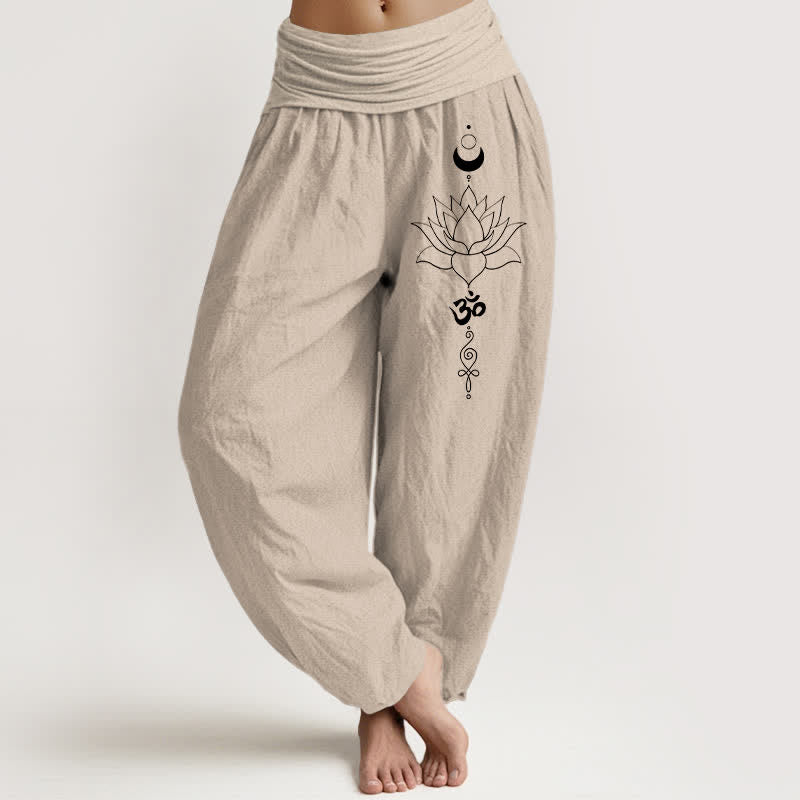 Buddha Stones Pantalon harem pour femme en pur coton, motif lotus, lune et Om, taille élastique - Tanné - US16，UK/AU20，EU48 (3XL) - image 0