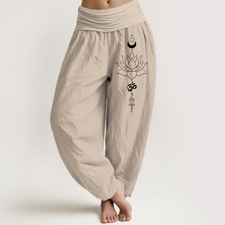 Buddha Stones Pantalon harem pour femme en pur coton, motif lotus, lune et Om, taille élastique - Tanné - US16，UK/AU20，EU48 (3XL) - image 0