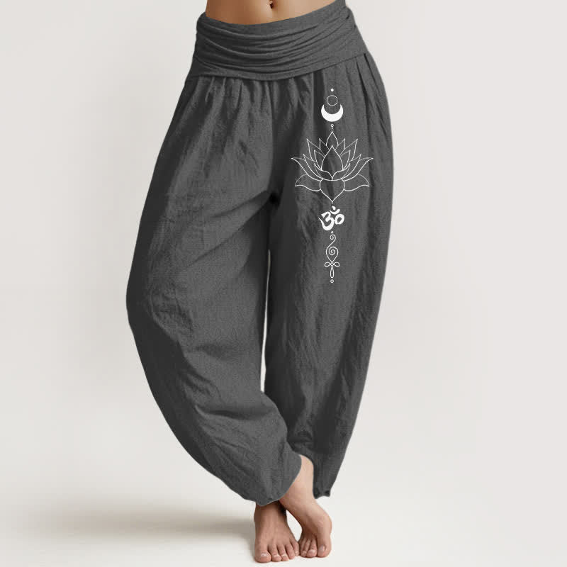 Buddha Stones Pantalon harem pour femme en pur coton, motif lotus, lune et Om, taille élastique - Gris terne - US16，UK/AU20，EU48 (3XL) - image 11