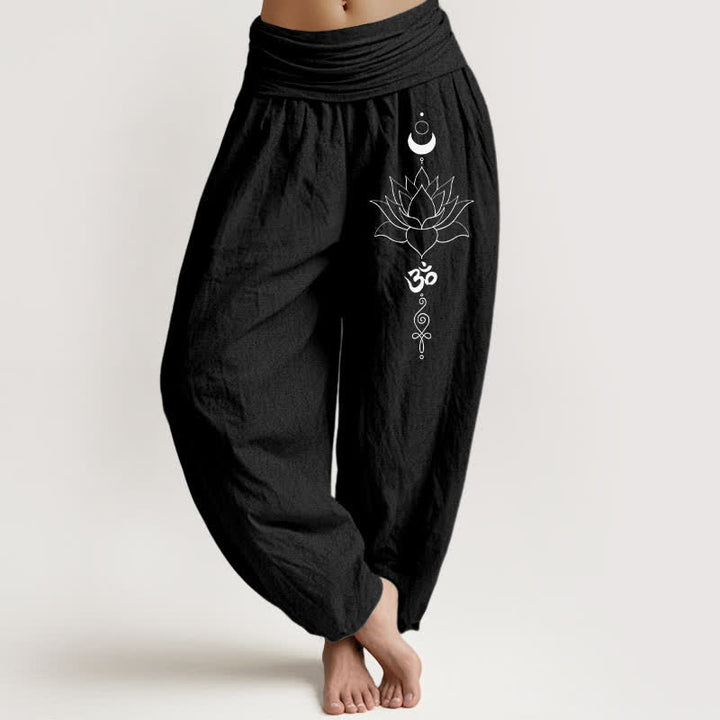 Buddha Stones Pantalon harem pour femme en pur coton, motif lotus, lune et Om, taille élastique - Noir - US16，UK/AU20，EU48 (3XL) - image 5