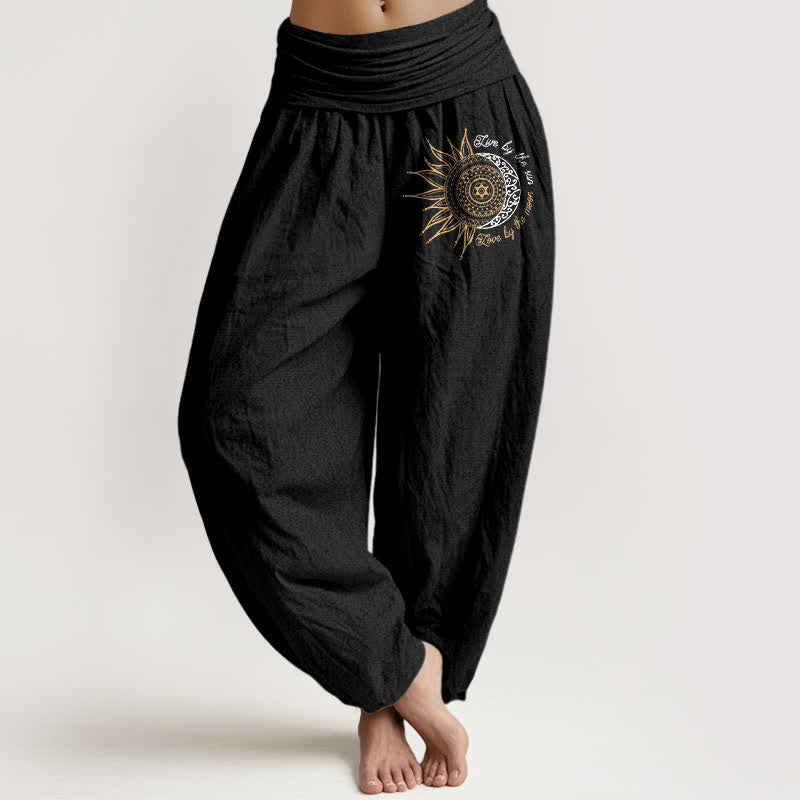 Buddha Stones Pantalon harem pour femme en pur coton, motif mandala soleil et lune, taille élastique - Noir - US16，UK/AU20，EU48 (3XL) - image 0
