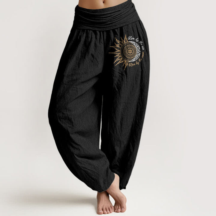 Buddha Stones Pantalon harem pour femme en pur coton, motif mandala soleil et lune, taille élastique - Noir - US16，UK/AU20，EU48 (3XL) - image 0