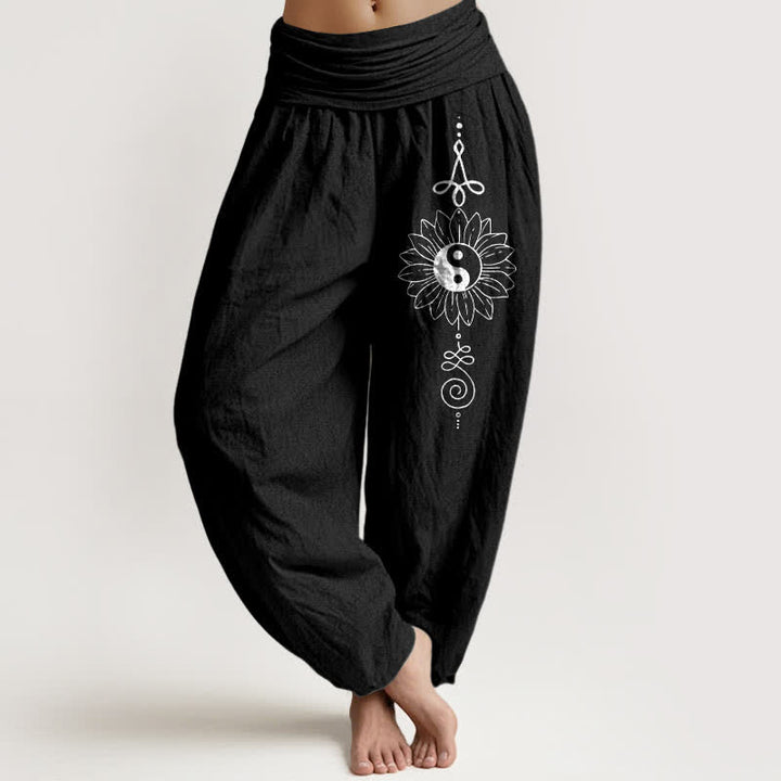 Buddha Stones Pantalon harem pour femme en pur coton, motif tournesol Yin Yang, taille élastique - Noir - US16，UK/AU20，EU48 (3XL) - image 5