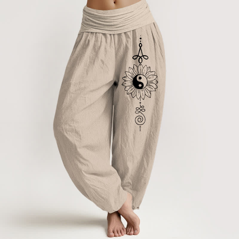 Buddha Stones Pantalon harem pour femme en pur coton, motif tournesol Yin Yang, taille élastique - Tanné - US16，UK/AU20，EU48 (3XL) - image 0