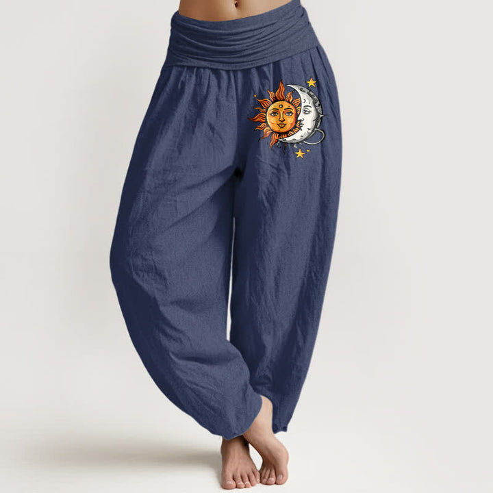 Buddha Stones Pantalon harem pour femme en pur coton à motif soleil et lune et taille élastique - Bleu ardoise foncé - US16，UK/AU20，EU48 (3XL) - image 5