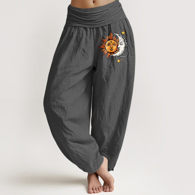 Buddha Stones Pantalon harem pour femme en pur coton à motif soleil et lune et taille élastique - Gris terne - US16，UK/AU20，EU48 (3XL) - image 8