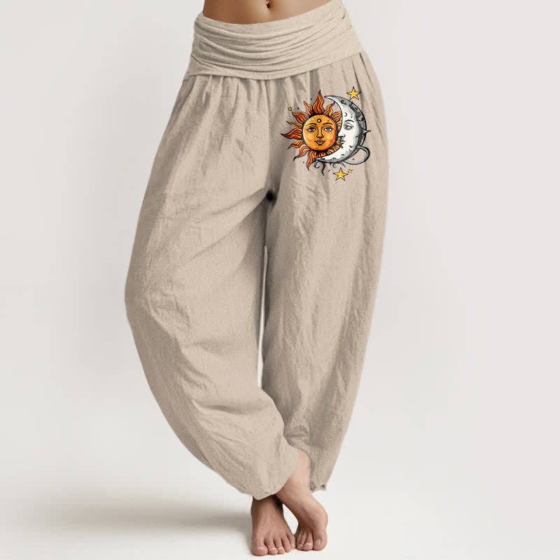 Buddha Stones Pantalon harem pour femme en pur coton à motif soleil et lune et taille élastique - Tanné - US16，UK/AU20，EU48 (3XL) - image 11