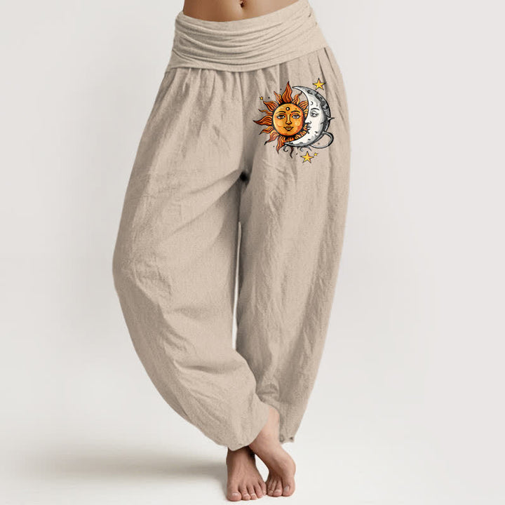 Buddha Stones Pantalon harem pour femme en pur coton à motif soleil et lune et taille élastique - Tanné - US16，UK/AU20，EU48 (3XL) - image 11