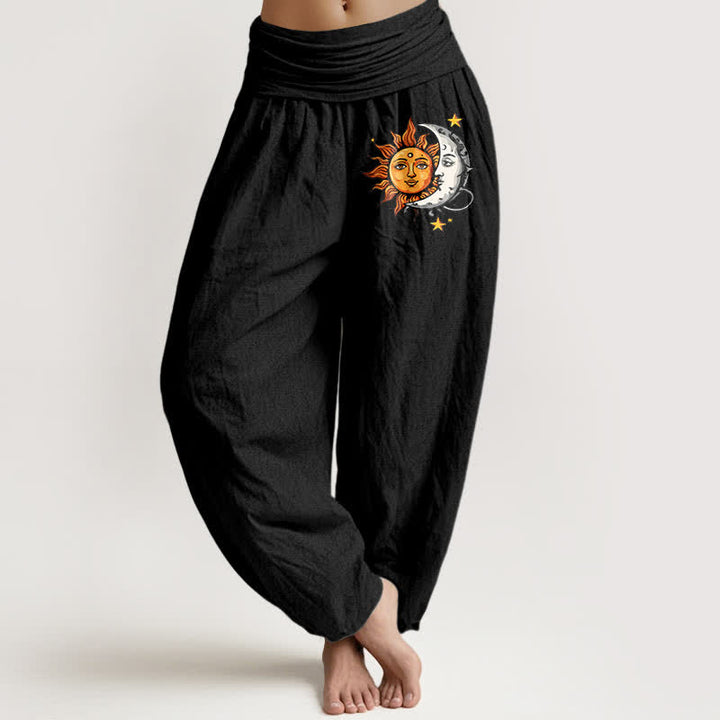 Buddha Stones Pantalon harem pour femme en pur coton à motif soleil et lune et taille élastique - Noir - US16，UK/AU20，EU48 (3XL) - image 0