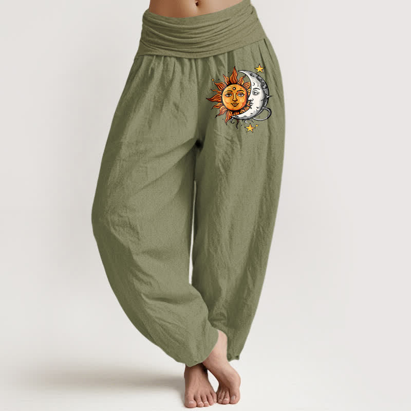 Buddha Stones Pantalon harem pour femme en pur coton à motif soleil et lune et taille élastique - Vert olive - US16，UK/AU20，EU48 (3XL) - image 14