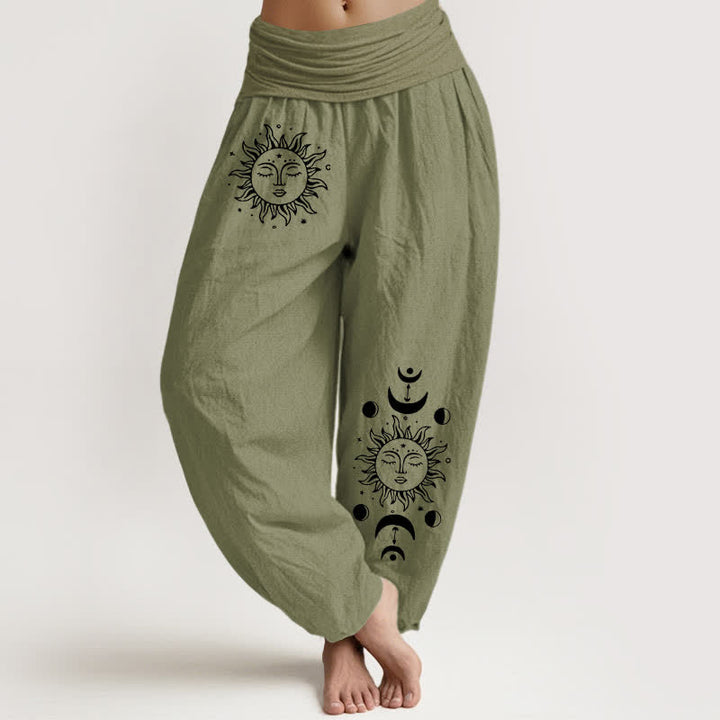 Buddha Stones Pantalon harem à taille élastique, motif soleil et lune, en pur coton pour femme - Vert olive - US16，UK/AU20，EU48 (3XL) - image 14