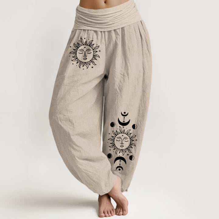 Buddha Stones Pantalon harem à taille élastique, motif soleil et lune, en pur coton pour femme - Tanné - US16，UK/AU20，EU48 (3XL) - image 11