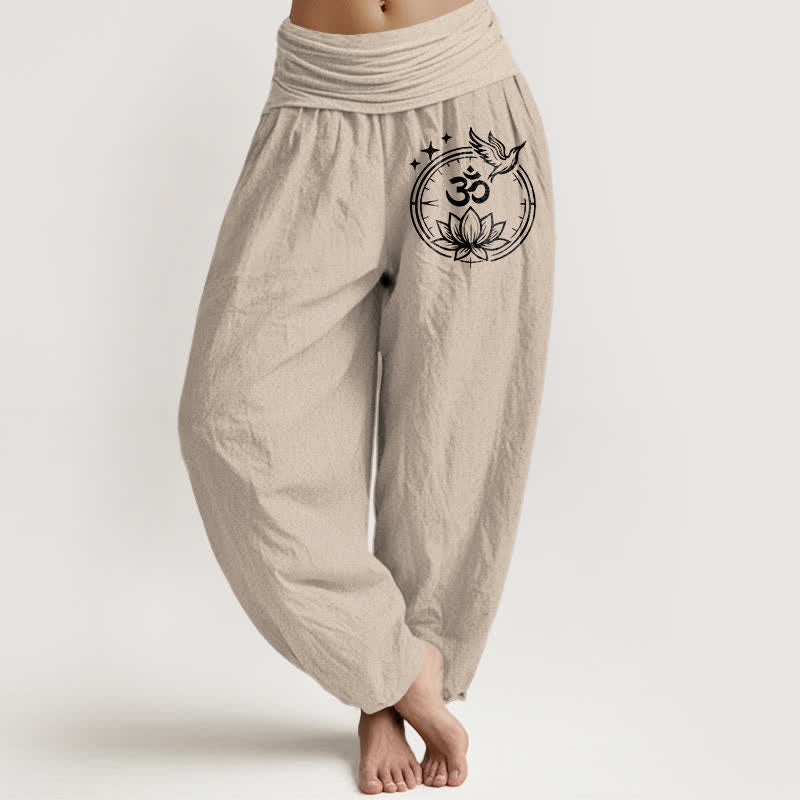 Buddha Stones Pantalon harem pour femme en pur coton, motif lotus et oiseau Om, taille élastique - Tanné - US16，UK/AU20，EU48 (3XL) - image 11