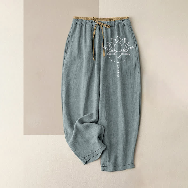 Buddha Stones Pantalon pour femme en pur coton, motif lotus serein, taille élastique et poches - Bleu clair - US16，UK/AU20，EU48 (3XL) - image 5