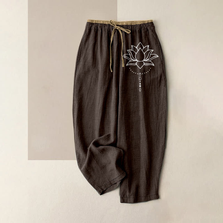 Buddha Stones Pantalon pour femme en pur coton, motif lotus serein, taille élastique et poches - SaddleBrown - US16，UK/AU20，EU48 (3XL) - image 4