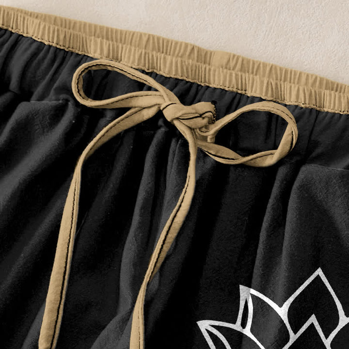 Buddha Stones Pantalon pour femme en pur coton, motif lotus serein, taille élastique et poches - image 1