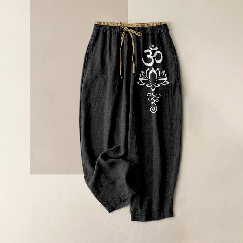 Buddha Stones Pantalon pour femme en pur coton, motif lotus zen om, taille élastique et poches - Noir - US16，UK/AU20，EU48 (3XL) - image 4