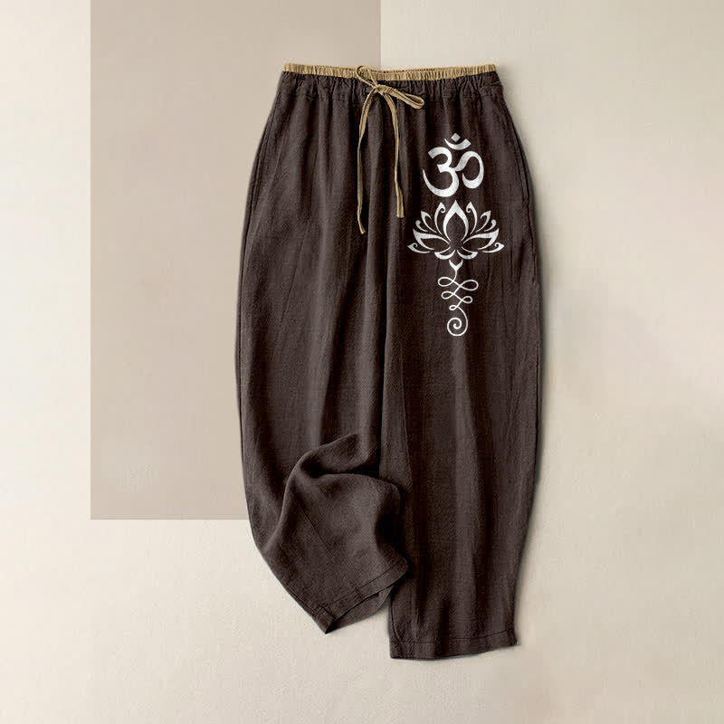 Buddha Stones Pantalon pour femme en pur coton, motif lotus zen om, taille élastique et poches - SaddleBrown - US16，UK/AU20，EU48 (3XL) - image 0