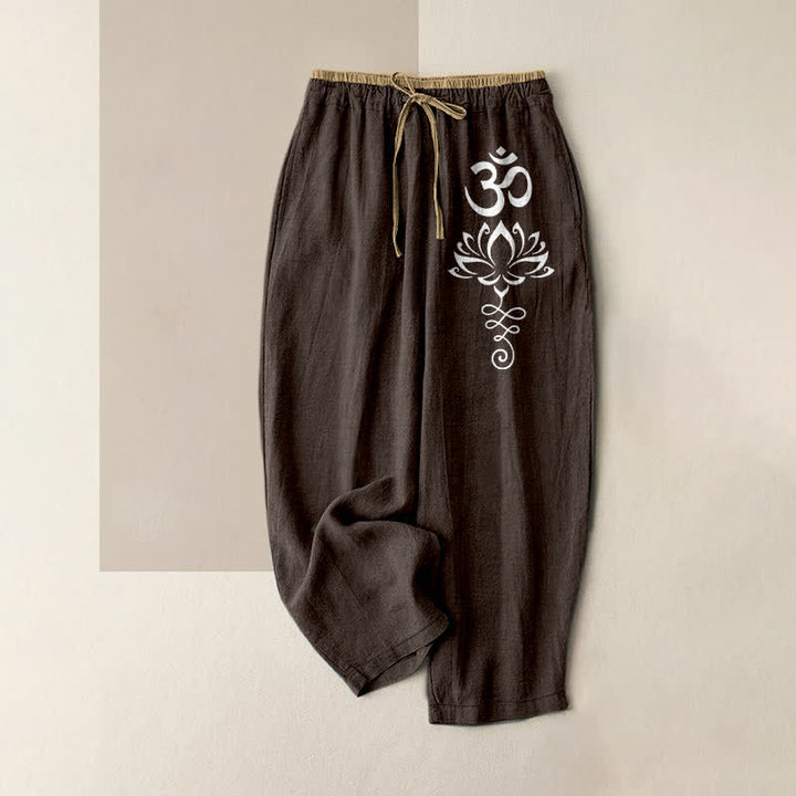 Buddha Stones Pantalon pour femme en pur coton, motif lotus zen om, taille élastique et poches - SaddleBrown - US16，UK/AU20，EU48 (3XL) - image 0