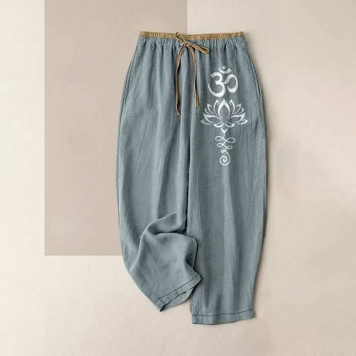 Buddha Stones Pantalon pour femme en pur coton, motif lotus zen om, taille élastique et poches - Bleu clair - US16，UK/AU20，EU48 (3XL) - image 5