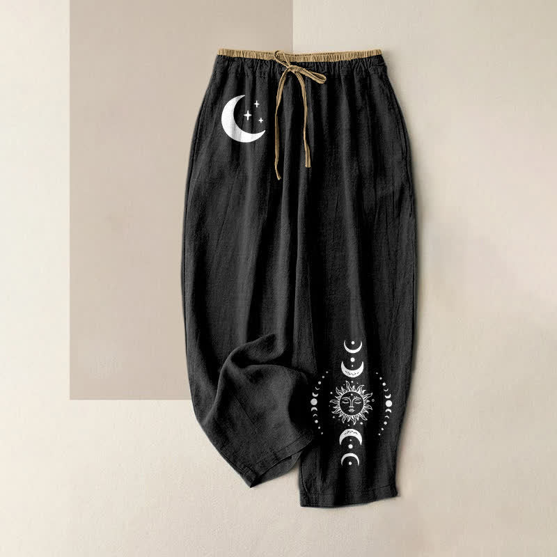 Buddha Stones Pantalon pour femme en pur coton, élégant, à taille élastique et poches, orné d'un motif céleste représentant les phases de la lune. - Noir - US16，UK/AU20，EU48 (3XL) - image 0
