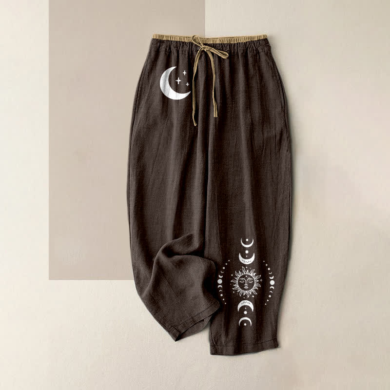 Buddha Stones Pantalon pour femme en pur coton, élégant, à taille élastique et poches, orné d'un motif céleste représentant les phases de la lune. - SaddleBrown - US16，UK/AU20，EU48 (3XL) - image 4